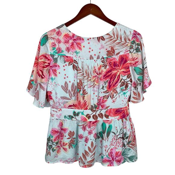 Miss Me Blouse Blue Floral Top Button Front Short Flutter Sleeve Women's M - Picture 5 of 7